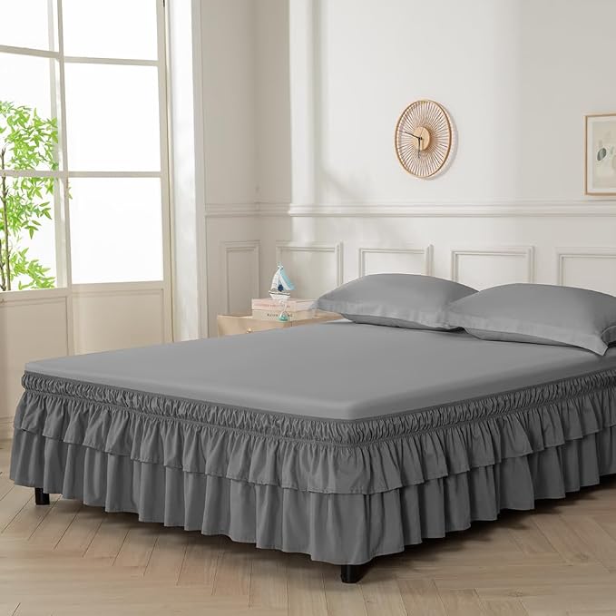 Double-Layered Ruffled Bed Skirt,Dark Gray,Twin/Twin XL, 14" Drop | Wrap Around, Adjustable Elastic, 2 Layer, Machine Washable Soft Fabric, Multi Ruffle Bedskirt