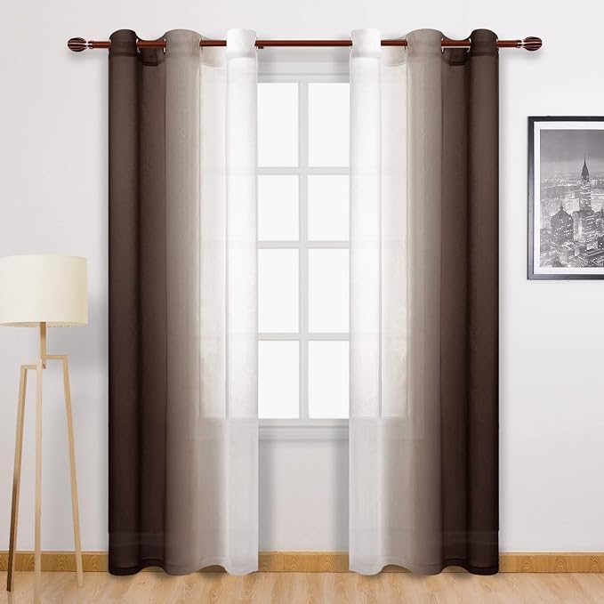 DWCN Brown Faux Linen Ombre Sheer Curtains - Gradient Semi Voile Curtains for Bedroom and Living Room, Set of 2 Grommet Top Window Curtain Panels, 42 x 84 Inches Long, Chocolate Brown