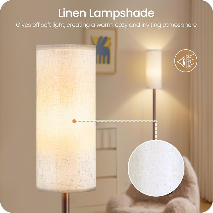 Dimmable Floor Lamps for Living Room with Remote and Foot Switch, 64.4” Modern Standing Tall Lamp, Corner Lamp for Bedroom, Bulb Included, 3000K-6500K, Beige and Brown, FCC Listed VE06LD05W1