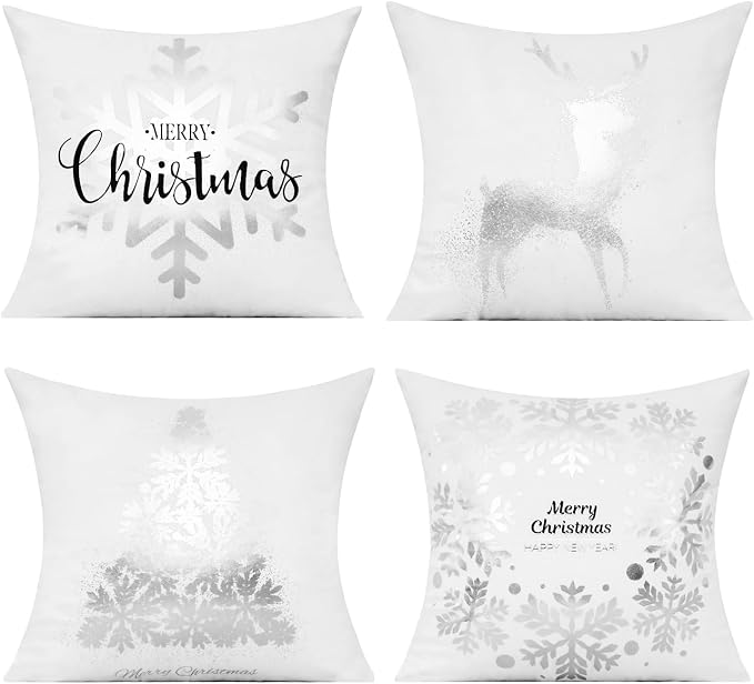 All Smiles White Silver Christmas Throw Pillow Covers Cases 16X16 Set of 4 Winter Xmas Navidad Decorations Indoor Home Holiday Décor Ornaments Velvet Cushion for Sofa Tree Snowflake Reindeer