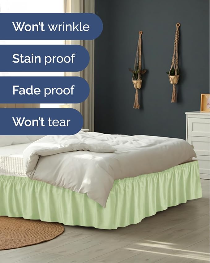 Wrap Around Dust Ruffle Bed Skirt - Light Sage Green - for King Size Beds w/ 18" Drop - Easy Fit Elastic Strap - Adjustable Pleated Bedskirt w/Brushed Fabric - Wrinkle Free - Women, Men, Kids & Teens