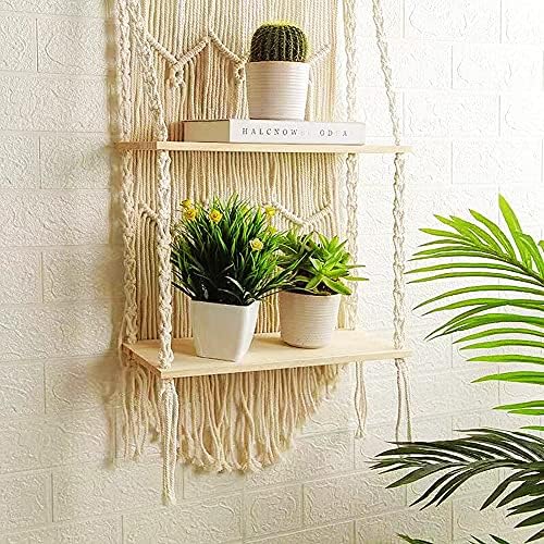 Macrame Wall Hanging Shelf - Boho Indoor Hanging Shelves for Wall - Decorative Bohemian Floating Plants Room Storage Shelving Macrame Rope Decor Organizer Rack, 2 Tier Indoor Handmade Plant Shelves