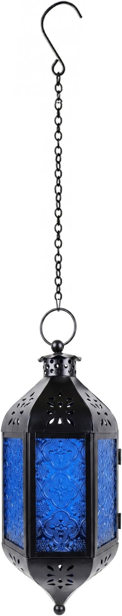Vela Lanterns Hanging Moroccan Lantern with LED Twinkle Fairy Lights - Exotic Decorative Patio & Porch Decor, Indoor Outdoor Candle Lamp Holder with Chain (13" Large, Cobalt Blue Glass)