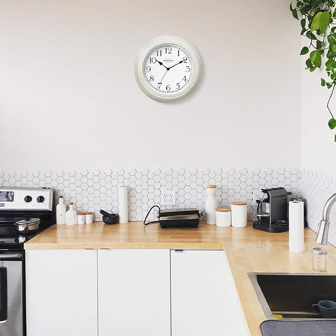 Presentime Chic Home Collection 10" Molly Clock | Silent No Ticking, Cream White. Modern Decorative Wall Clock for Kitchen, Kid's Room, Bathroom, Bedroom, and Office