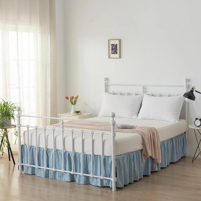 Bed Skirt Full Size - Ruffled Bed Skirt - with Split Corners - Sky Blue | Striped Boho Tufted -18 Inch Drop Bedskirt with Platform-Soft Premium Hotel Quality - Easy Fit