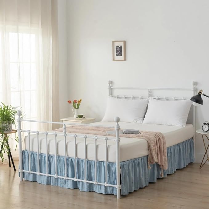 Bed Skirt King Size - Ruffled Bed Skirt - with Split Corners - Sky Blue | Striped Boho Tufted -14 Inch Drop Bedskirt with Platform-Soft Premium Hotel Quality - Easy Fit