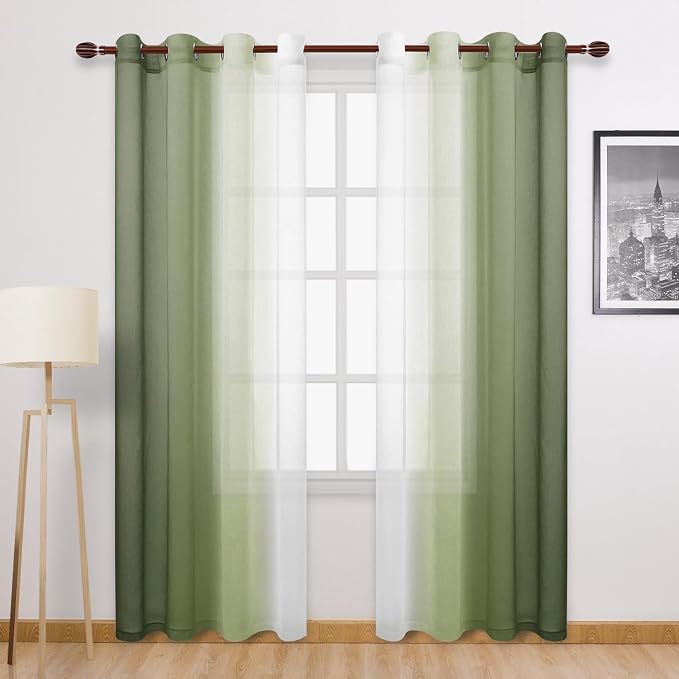 DWCN Ombre Sheer Curtains - 84 Inch Long Faux Linen Semi Voile Grommet Top Gradient Curtains for Bedroom and Living Room, Set of 2 Window Curtain Panels, 52 x 84 Inch Length, Light Olive Green