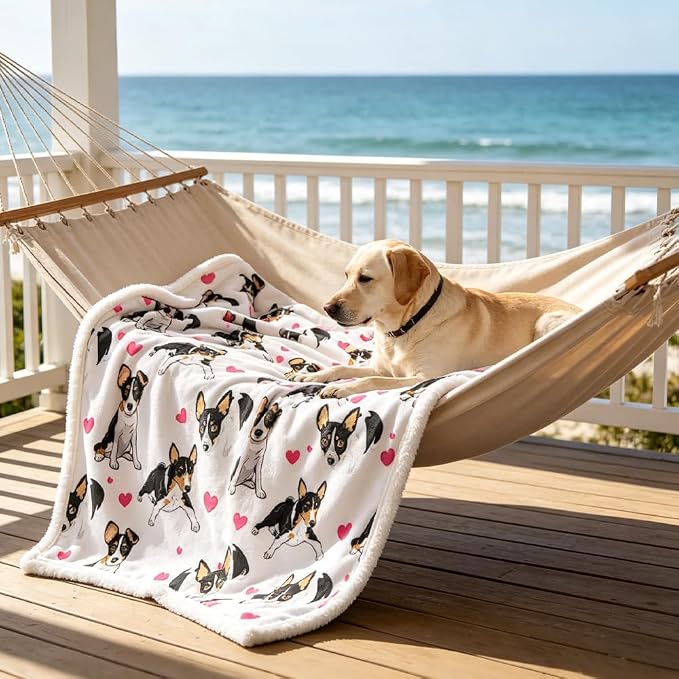 BlessLiving Throw Blanket, White Black Dog Pink Animal, 60x80 in | sherpa fleece fabric, Rat Terrier Dense Pet Blankets Puppy print, for couch or sofa, pet lovers, easy machine care