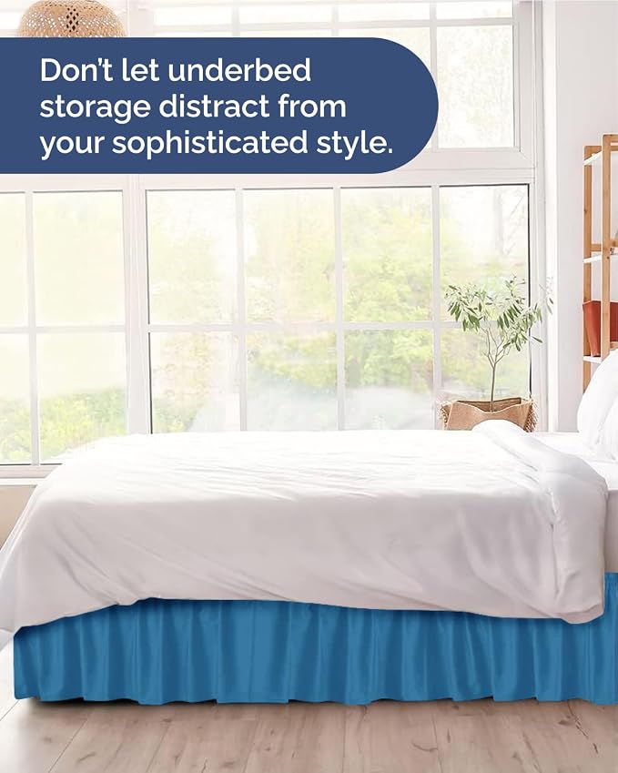 Wrap Around Dust Ruffle Bed Skirt - College Dorm Room - Twin/Twin XL | Denim Blue, 21 Inch Drop, Elastic Strap & Adjustable Pleated Bedskirt, Wrinkle Free, for Women, Men, Students, Kids & Teens