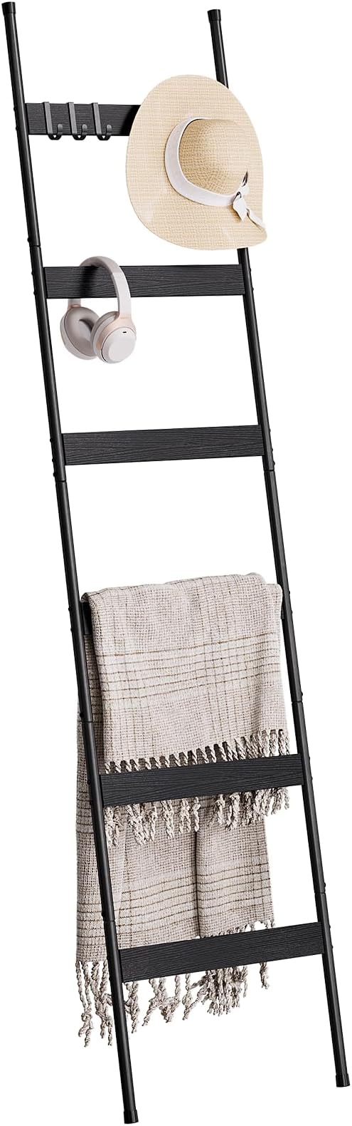 ELYKEN Blanket Ladder, 6-Tier Towel Rack, Wall-Leaning Quilt Holder | Farmhouse Wood Display Stand with 4 Hooks, Decorative Rack Shelf for Living Room, BedRoom, Bathroom, Black
