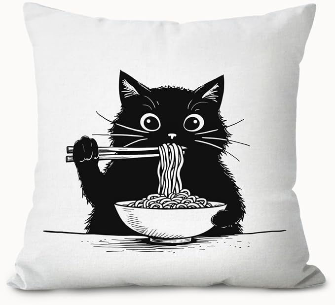 Funny Black Cat Pillow Covers 18x18, Cat Room Decor, Cute Black Kitten Eating Japanese Noodles Decorative Throw Pillow Covers Pillowcases for Bedroom Living Room Home Decor