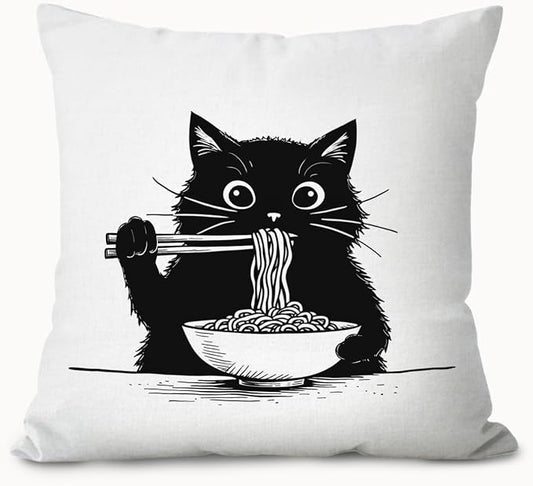 Funny Black Cat Pillow Covers 18x18, Cat Room Decor, Cute Black Kitten Eating Japanese Noodles Decorative Throw Pillow Covers Pillowcases for Bedroom Living Room Home Decor