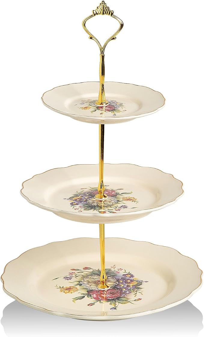 Sweejar 3 Tier Ceramic Cake Stand Wedding, Dessert Cupcake Stand for Tea Party Serving Platter(Flower Style)