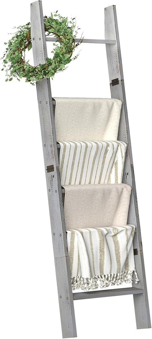 Honest Blanket Ladders for the Living Room, 6-Tier Blanket Holder, Wall-Leaning Blanket Rack, Ladder Shelves, Wooden Quilt Ladder, Farmhouse Decor, Grey
