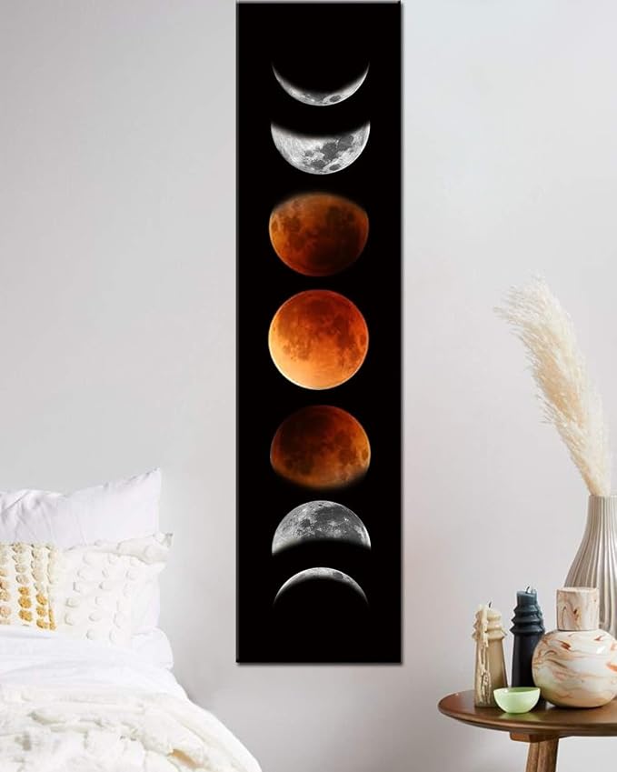 Moon Phase Wall Art, Black and Tawny Abstract Canvas Painting 47"x12" | Unframed canvas, ready to hang. Warm black & tawny moon phase art. Ideal for living room, bedroom, home office