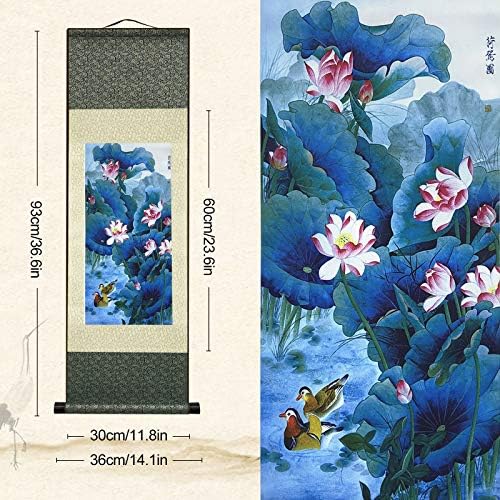 AtfArt Asian Wall Decor Beautiful Silk Scroll Painting Flowers - Lotus Chart Oriental Decor Chinese Art Wall Scroll Wall Hanging Painting Scroll (36.2 x 12 in)