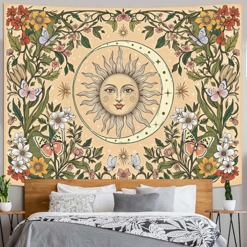 Accnicc Boho Sun and Moon Tapestry Vintage Floral Wall Tapestry for Bedroom Aesthetic Beige Celestial Plant Flower Butterfly Small Tapestries Wall Hanging for Living Room Dorm 48 x 36 Inch