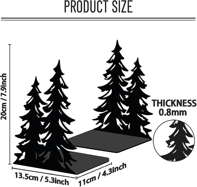 WADORN 1 Pair Pine Tree Metal Decorative Bookend for Shelves, Heavy Duty Book Ends Modern Non-Skid Books Holder Stand Black Book Support Stoppers for Desk Bookshelf Office Home, 5.3x4.3x7.9 Inches