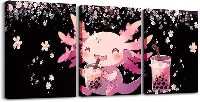 Feelyou Boys Girls Cute Axolotl Canvas Wall Art for Living Room Bedroom Cartoon Salamander Picture Wall Decor Cherry Blossoms Wall Painting Posters Kids Kawaii Bathroom Wall Art 12"x16"x 3Pcs