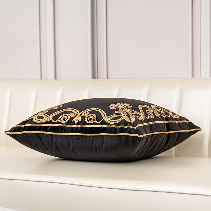 Aeckself European Floral Pillow Cover 16x16 Inch, Luxury Velvet Embroidered Decorative Throw Pillow Cover for Couch Bedroom Living Room, Black and Gold