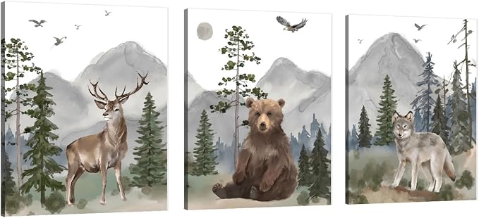 Woodland Nursery Wall Art Decor: Forest Themed Animal Wall Art Prints Canvas Posters Nursery Decor for Boys Girls Room,Wildlife Deer Bear Wolf Pictures for Bedroom Wall Decor,12x15 Inch,Set of 3