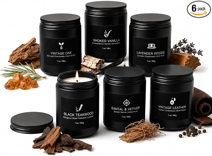 Scented Candles for Men, 6 Masculine Scents Set, 42oz Total