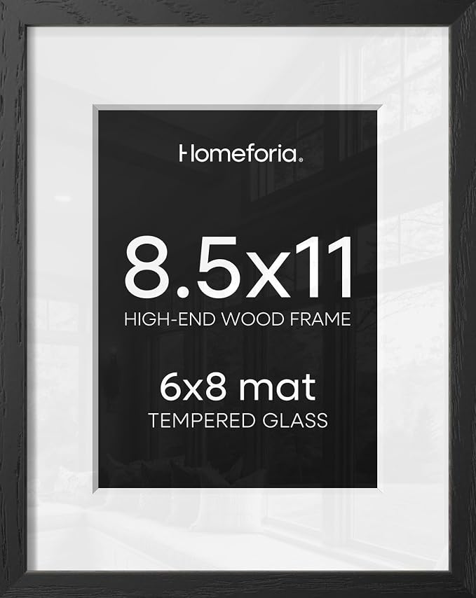 Homeforia 8.5x11 Black Oak Picture Frame, High-End Wood, 6x8 Mat, Glass