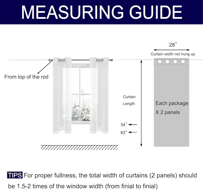 DWCN White Faux Linen Sheer Curtains - Grommet Top Voile Short Window Curtains Drapes 54 Inches Long, Solid Short Semi Sheer Curtains for Bedroom Living Room 28 x 54 inch Length Set of 2 Panels