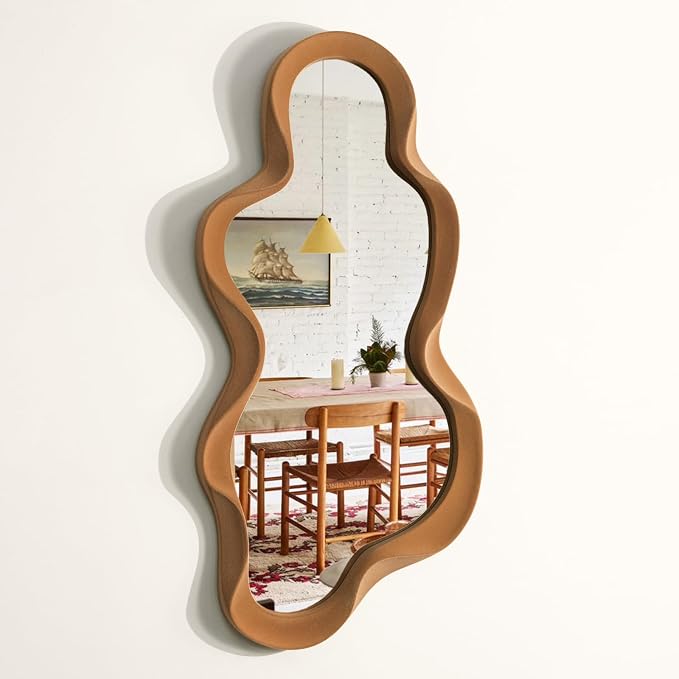 Boho Wavy Mirror Wall Decor for Girly Bedroom Dorm,Brown,13.8x29.9 | Soft Flocking Touch,Cute Abstract Decorative Mirrors for Modern Apartment Nursery Room Decoration,Large Hanging Wall Art