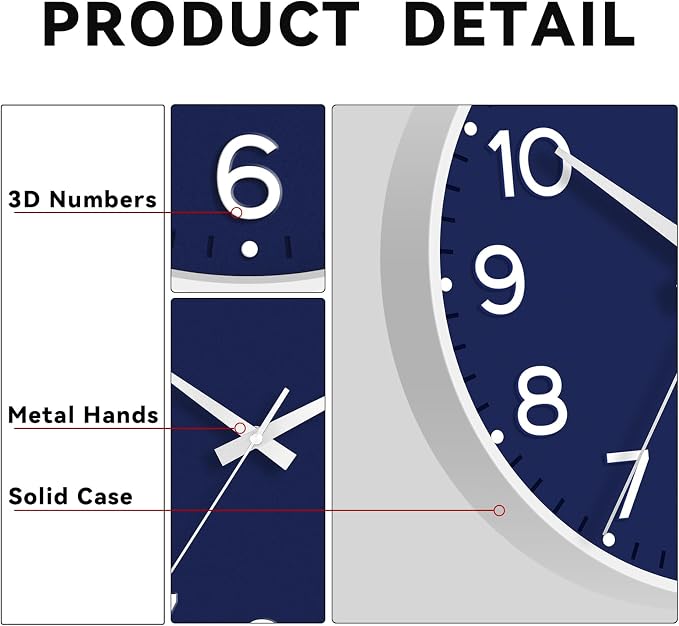 Roymnie 8 Inch Wall Clock, Battery Operated Silent Non Ticking Analog | Navy Blue modern analog; large 3D easy-read dial for kitchen, office, bathroom & bedroom; 1 AA battery (not included)