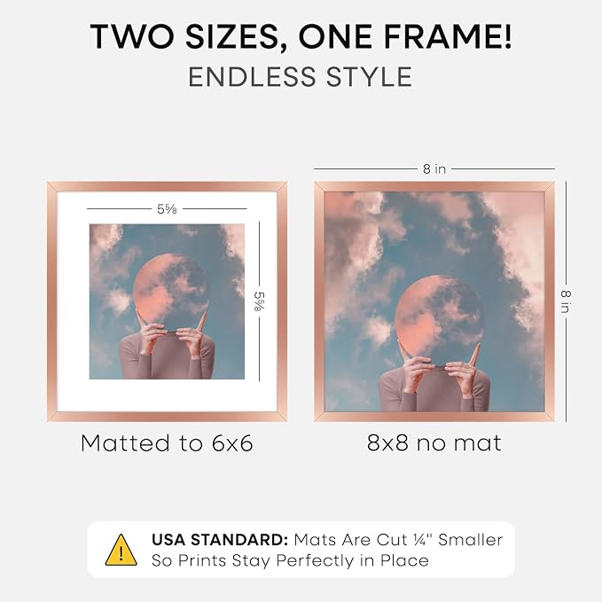 Homeforia 8x8 Rose Picture Frame, High-End Metal, 6x6 Mat, Glass