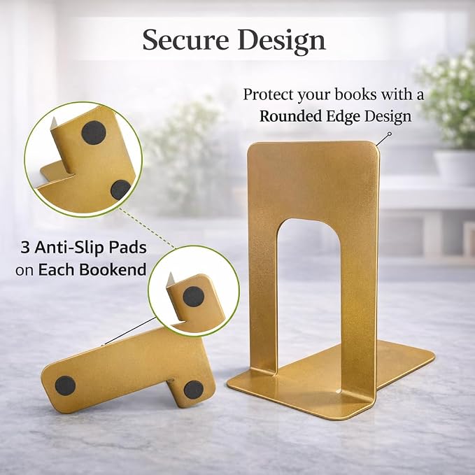Alessk Dark Matte Gold Bookends for Shelves, Heavy Duty Metal Bookends Supports Heavy Books, Decorative Gold Stops for Home or Office Decoration - 3 Pairs (6 Pieces).