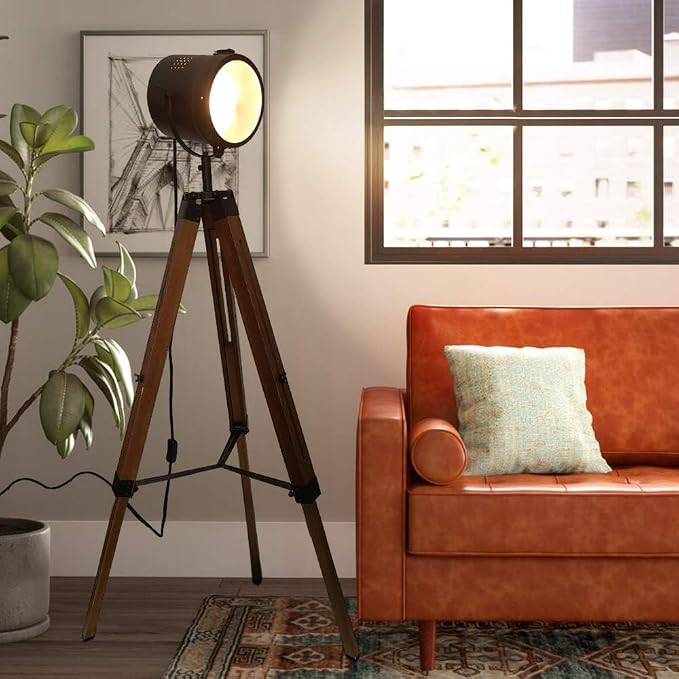 Adjustable Vintage Wood Tripod Floor Lamp for Living Room, Spotlight Black