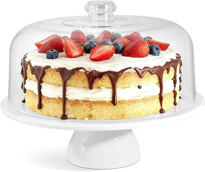 12 Inch Porcelain Cake Stand with Acrylic Dome Lid, White Pedestal | Round Dessert Stand, For Cakes, Cupcakes & Pastries, Covered Cake Display, For Birthday Parties, Weddings & Baby Showers