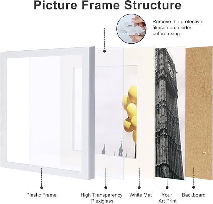 12x12 Picture Frame Set of 9, Display Pictures 8x8 with Mat or 12x12 without Mat, Multi Collage Gallery Square Photo Frames for Wall or Tabletop, White