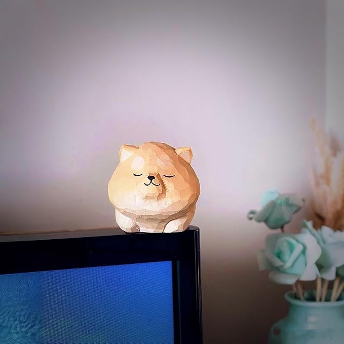 Hand Carved Red Shiba Inu Figurine with Round Wood Base – Cute Chubby Shiba Wooden Dog Statue, Handmade Desk Decor, Adorable Collectible Sculpture, Unique Gift for Dog Lovers & Pet Owners