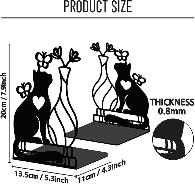 WADORN 1 Pair Cute Cat Flower Metal Decorative Bookend for Shelves, Heavy Duty Book Ends Modern Non-Skid Books Holder Stand Black Book Support Stoppers for Desk Bookshelf Office Home, 5.3x4.3x7.9 Inch