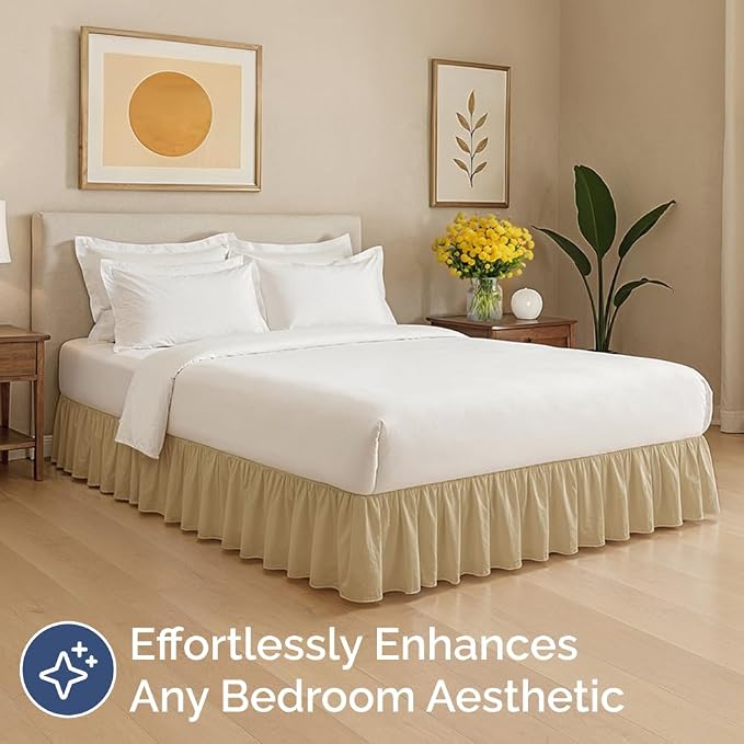 Bedskirt Queen Size Ruffle - Ruffled Bed Skirt - 12 Inch Drop - Beige | Bedskirt with Platform, Ultra-Soft Premium Hotel Quality, Wrinkle Free, Fade & Shrink Resistant, for Women, Men, Kids & Teens