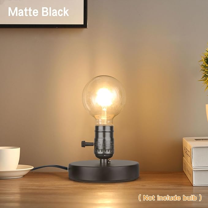 Vintage Table Lamp Base Only Without Shade, Mini Basic Edison Exposed Light Bulb Stand, E26 E27 Short Edison Desk Lamps for Small Spaces with 5.75' Cord ON Off Switch & Plug in (Matte Black)