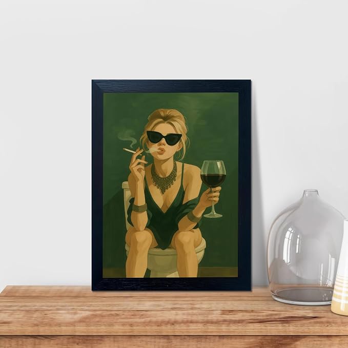 YUECOSHMAO Dark Green Bathroom Wall Art Fashionable Girl Canvas Art Print Interesting Toilet Decoration Murals Modern Toilet Murals for Laundry Room Bathroom Home Decoration Poster16X24 Inch Unframed