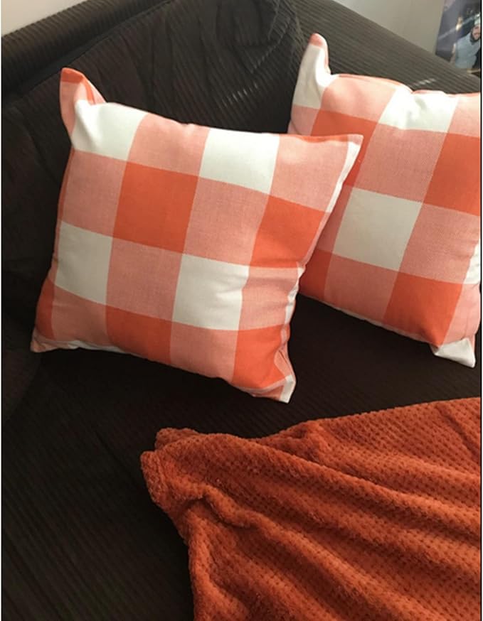 VAKADO Orange Buffalo Plaid Fall Throw Pillow Covers 24x24 Set of 2 | Orange buffalo check polyester, hidden zipper.Outdoor Fall porch decor for Thanksgiving. machine washable.