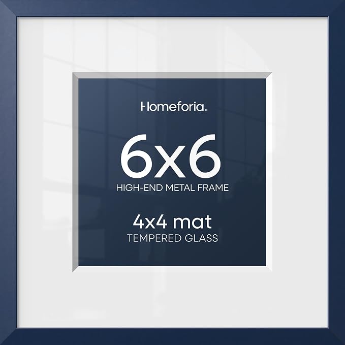 Homeforia 6x6 Blue Picture Frame, High-End Metal, 4x4 Mat, Glass