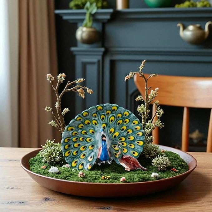 WitnyStore Tiny 1½" Multicolor Peahen Peacock Peafowl Bird Figurine - Miniature Hand Made Painted Ceramic Birds Aves Colorful Porcelain Feathered Animals Cute Decorative Collectible Figure Décor Gifts