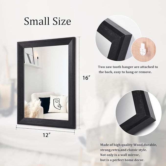 AAZZKANG Wall Mirror Black Wood Framed Rectangle Mirrors for Wall 16"x12" | Decorative Small Hanging Mirror for Bedroom Bathroom Living Room Farmhouse Entryway