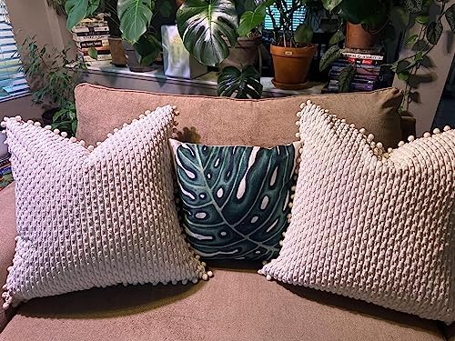 Fancy Homi Set of 2 Cream White Decorative Throw Pillow Covers 20x20 Inch with Pom-poms for Couch Bed Sofa, Modern Farmhouse Boho Home Decor, Soft Plush Corduroy Cute Cushion Case 50x50 cm