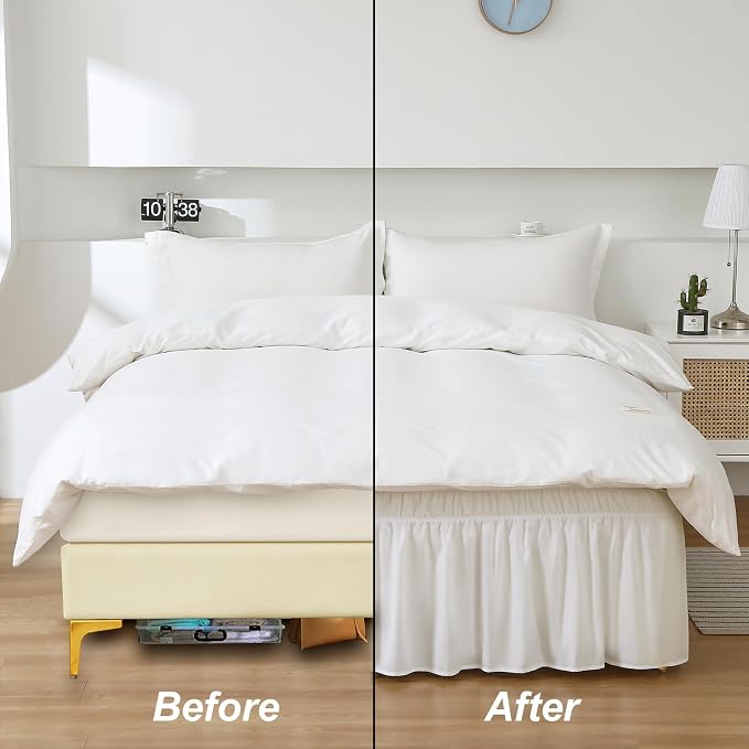 MEILA Wrap Around Bed Skirt for Twin & Full Beds 14" Drop, Natural White | Three-Side Adjustable Elastic Dust Ruffle, Ruffled Polyester Fabric, Easy to Install, Fade Resistant & Machine Washable