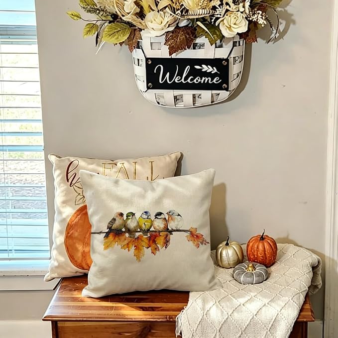 RABUSOFA Birds Maple Leaves Fall Pillow Covers,Seasonal Autumn Thanksgiving Decorative Throw Pillows Fall Decorations for Home Couch Decor 20x20 Inch