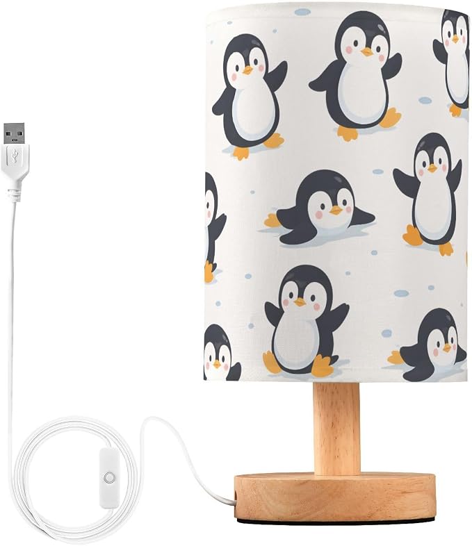 Bedside Lamp Cute Penguins Table Lamp for Bedroom LED Nightstand Lamp Shade USB Ports Wood Base for Living Room Dorm Office