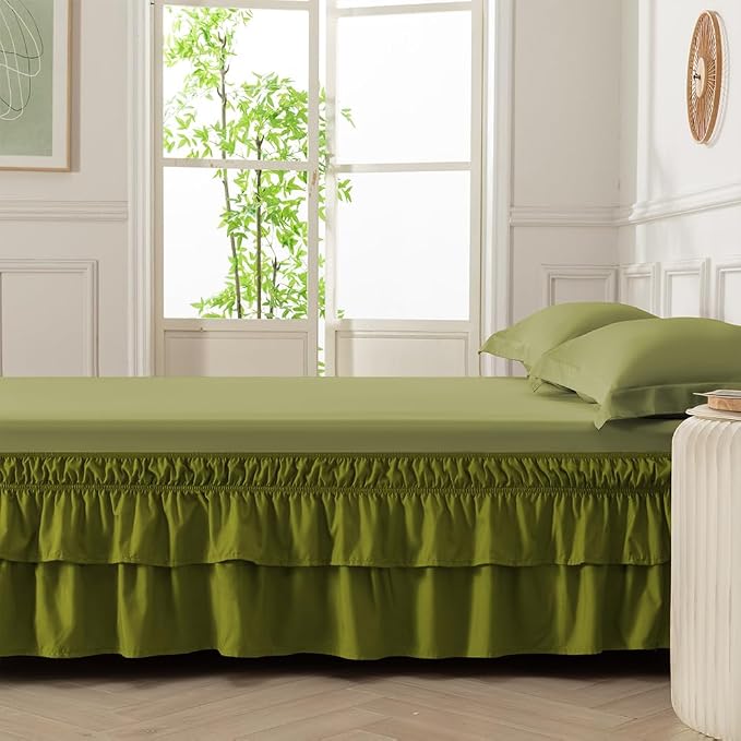 Double-Layered Ruffled Bed Skirt,Deep Sage Green,Full/Queen, 14" Drop | Wrap Around, Adjustable Elastic, 2 Layer, Machine Washable Soft Fabric, Multi Ruffle Bedskirt