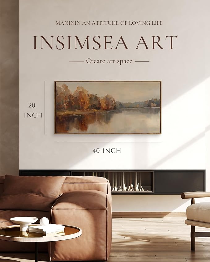 InSimSea Extra Large Framed Fall Wall Art, Autumn Lake Landscape, 20x40inch | Living Room Country Farmhouse Decor, Vintage Canvas Prints, Retro Scenery Long Pictures for Bedroom Above of Bed